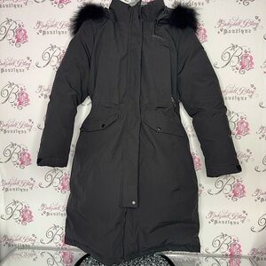 Merrell coat jacket parka puffer feather down black fur hood waist tie cinch